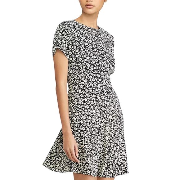Polo Ralph Lauren Floral Crepe Dress Black Cream Sz 10 Skater Ditsy Flower Mini - Picture 1 of 7